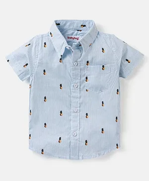 Babyhug 100% Cotton Woven Half Sleeve Regular Collar Striped Shirt Pineapple Print - Blue