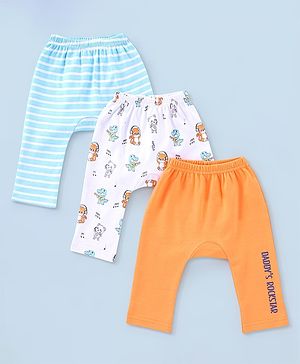 Babyhug Cotton Full Length Dino Print Diaper Leggings Pack Of 3 - Blue White & Orange