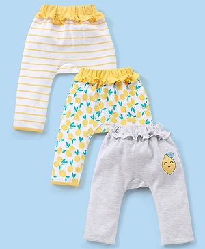 Babyhug Cotton Knit Full Length Striped Diaper Leggings Pack of 3 Fruits Print - Yellow Grey & White