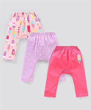 Babyhug Cotton Knit Full Length Striped Diaper Leggings Ice Cream Theme Print Pack of 3 - Pink & Peach