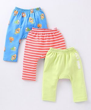 Babyhug Cotton Full Length Diaper Pants Wild Animals & Stripes Print Pack Of 3- Red Green & Blue