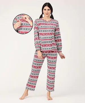 The Mom Store Christmas Theme Full Sleeves Striped Patterned Reindeer Printed Maternity Sweatshirt With Pyjama - Red