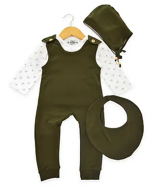 The Mom Store Whiskers Club Sleeveless Animal Face Printed Tee And Solid Romper With Cap And Bib - Olive Green