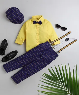 Jeet Ethnics Full Sleeves Checked 5 Piece Party Shirt & Bottoms Set - Navy Blue & Yellow