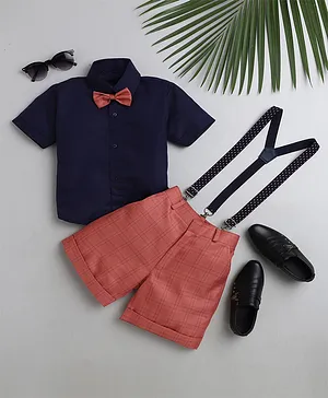 Jeet Ethnics Half Sleeves Solid Shirt With Checkered Shorts And Suspenders - Peach
