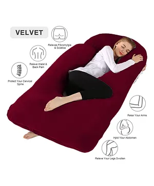 Angel Mommy Super Comfert J Shape Pregnancy Pillow with Velvet Zippered Cover, Large Pack of 1 - Maroon
