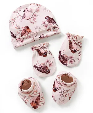 Bonfino Cotton Cap Mittens & Booties Set Bird Print Pink - Diameter 11.5 cm