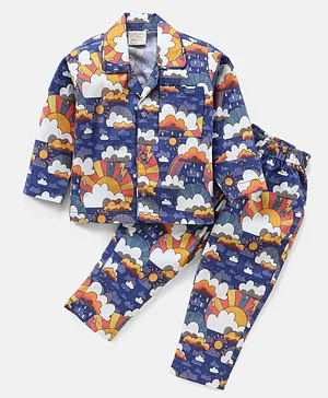 Rikidoos Full Sleeves Night Sky Theme Night Suit - Navy Blue