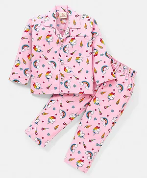 Rikidoos Full Sleeves Unicorn Printed Shirt & Pajama Night Wear - Pink