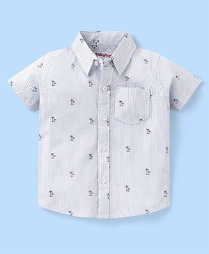 Babyhug 100% Cotton Woven Half Sleeve Regular Collar Striped Shirt Palm Tree Print - Blue