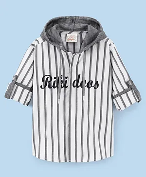 Rikidoos Full Sleeves Placement Printed Striped & Hooded Kurta - White