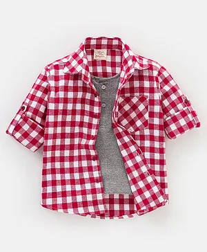 Rikidoos Full Sleeves Gingham Checked Shirt With Solid Attached Tee - Red