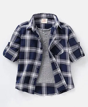 Rikidoos Full Sleeves Checks Shirt With Attach Solid T Shirt - Navy Blue