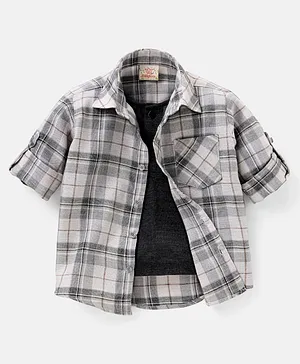 Rikidoos Full Sleeves Glen Checked Shirt With Attached Tee - White & Black