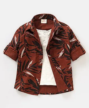 Rikidoos Full Sleeves Forest Leaves Printed Shirt With Attach Tee - Rust Red