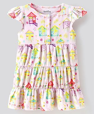 Bonfino 100% Cotton Knit Cap Sleeves Frock House Print - Ivory