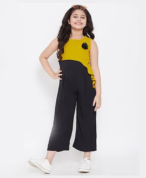 Stylo Bug Sleeveless Overlap Style Floral Applique Jumpsuit - Yellow & Black