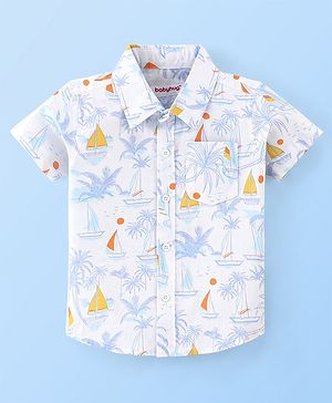 Babyhug 100% Cotton Woven Half Sleeves Regular Collar One Pocket Shirt Tropical Print - White