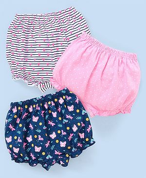 Babyhug Cotton Knit Bloomers Heart & Butterfly Print Pack of 3 - Pink White & Blue