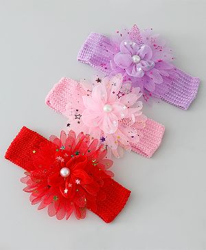 Babyhug Free Size Headbands with Floral Applique Pack of 3 - Red Purple & Pink