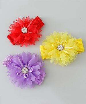 Babyhug Headbands with Flower Applique Free Size Pack of 3 - Yellow & Purple