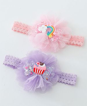 Babyhug Rainbow & Cupcake Bow Applique Headbands Pack Of 2 - Multicolor