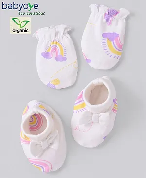 Babyoye Eco Conscious Organic Cotton Mittens & Booties With Bow Applique Rainbow Print- White
