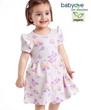 Babyoye Eco-Conscious Organic Cotton Butterfly Printed Half Sleeves Frock with Bloomer - White