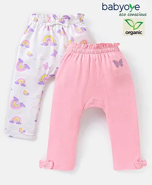 Babyoye Eco Conscious Organic Cotton Diaper Leggings With Bow Applique Rainbow & Butterfly Print Pack of 2- Pink White