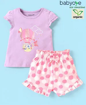 Babyoye Eco-Conscious Organic Cotton Half Sleeves Top & Shorts with Bow Applique Air Balloon Print - Purple