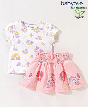 Babyoye Eco-Conscious Organic Cotton Top & Skirt with Bow Applique Rainbow Print - White