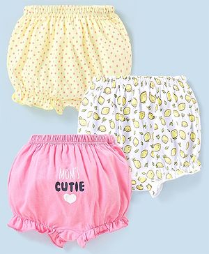 Babyhug Cotton Knit Bloomers Polka Dots & Moms Cute Print Pack of 3 - Pink Cream & Yellow