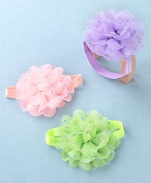 Babyhug Headbands with Flower Applique Free Size Pack of 3 - Purple Green & Pink