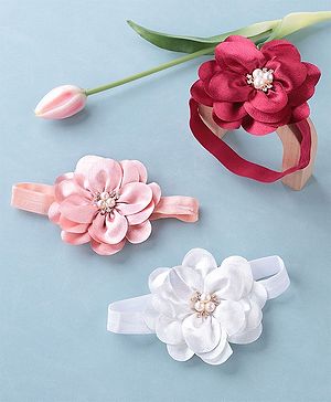 Babyhug Headbands with Flower Applique Free Size Pack of 3 - White Maroon & Pink