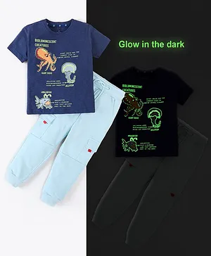 Ollington St. Half Sleeves T-Shirt Glow In The Dark Print & Cargo Pocket Joggers -Navy Light Blue