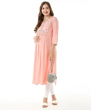 Bella Mama Viscose Three Fourth Sleeves Solid Embroidered Yoke Maternity Ethnic Kurta - Pink