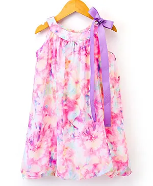 Twetoons Sleeveless Frock With Bow Ribbon Tie & Dye Print- Pink