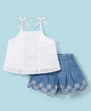 Babyhug 100% Cotton Singlet Top with Denim Shorts Set - White & Blue