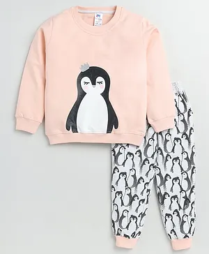 DEAR TO DAD Full Sleeves Penguin Printed Sweatshirt & Joggers Set -  Peach