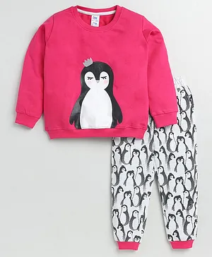 DEAR TO DAD Full Sleeves Penguin Printed Sweatshirt & Joggers Set -  Fuschia Pink