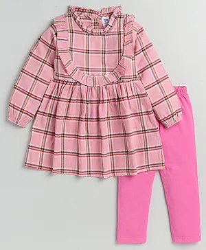 DEAR TO DAD Full Puffed Sleeves Checked With Frilled Neckline Dress & Leggings Set - Pink