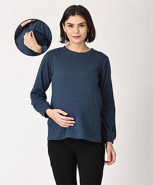 The Mom Store Full Sleeves Solid Maternity Sweatshirt - Navy Blue