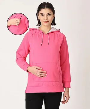 The Mom Store Hoodie Full Sleeves Solid Hooded Maternity Sweatshirt - Pink