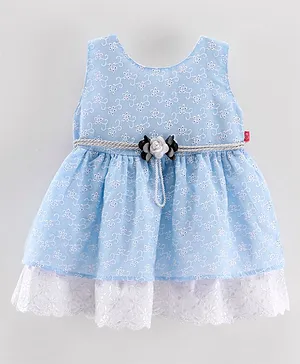 Twetoons Sleeveless Schiffli Frock With Floral Applique & Embroidery - Blue
