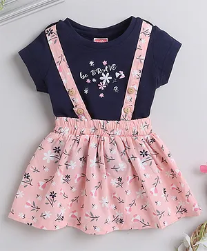 Twetoons Cotton Lycra Half Sleeves Top with Skirt Floral Print - Peach & Black