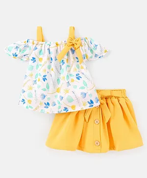 Twetoons Cotton Lycra Sleeveless Top & Skirt Set Leaf Print - Yellow