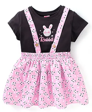 Twetoons Cotton Lycra Half Sleeves Top & Skirt Set Bunny Print- Pink