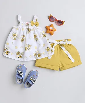 Twetoons Cotton Lycra Sleeveless Top & Shorts Set with Bow Applique & Belt Detailing Floral Print - White & Yellow