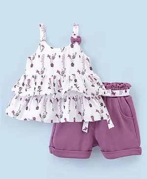 Twetoons Cotton Lycra Sleeveless Top & Shorts Set with Bow Applique Floral Print - White & Purple