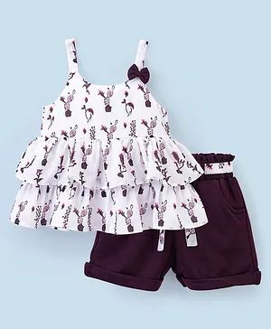 Twetoons Cotton Lycra Sleeveless Top & Shorts Set with Bow Applique Floral Print - White & Dark Violet